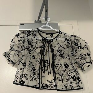 Sheer Black & White Floral Tie-Front Blouse